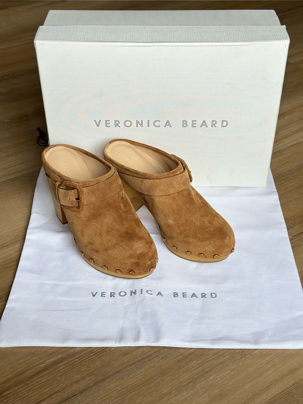 Veronica Beard Tan Suede Clog Mules
